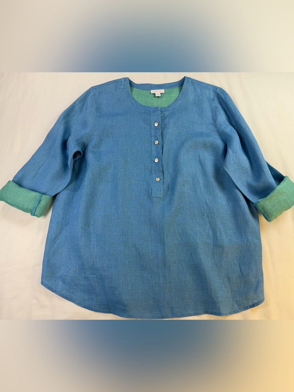 J. Jill Love Linen 100% Linen Henley Style Tunic Blouse Blue and Green